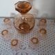 Pink glass liqueur carafe and 6 matching glasses