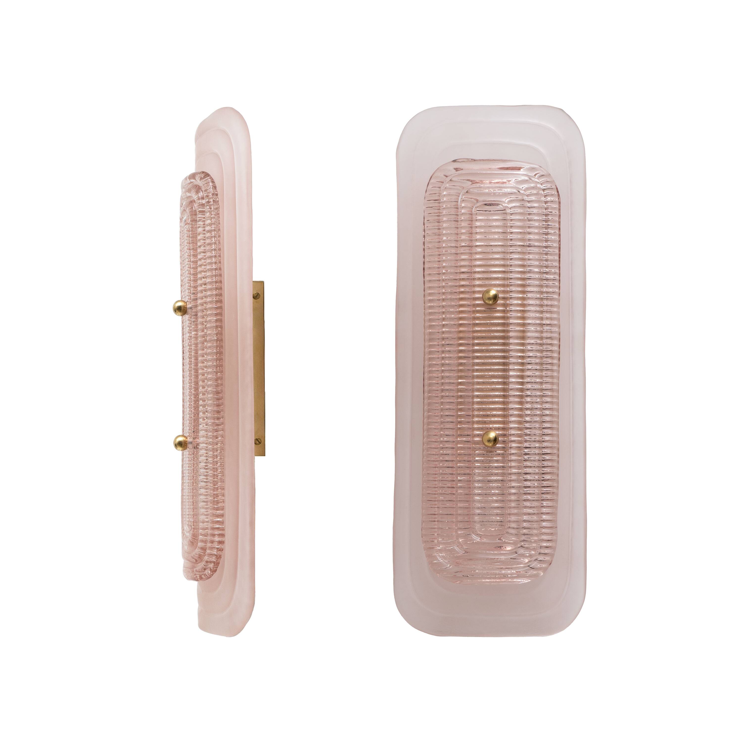 Pair of Art Deco Sconces in Matte and Glossy Pink Murano Glass and Brass