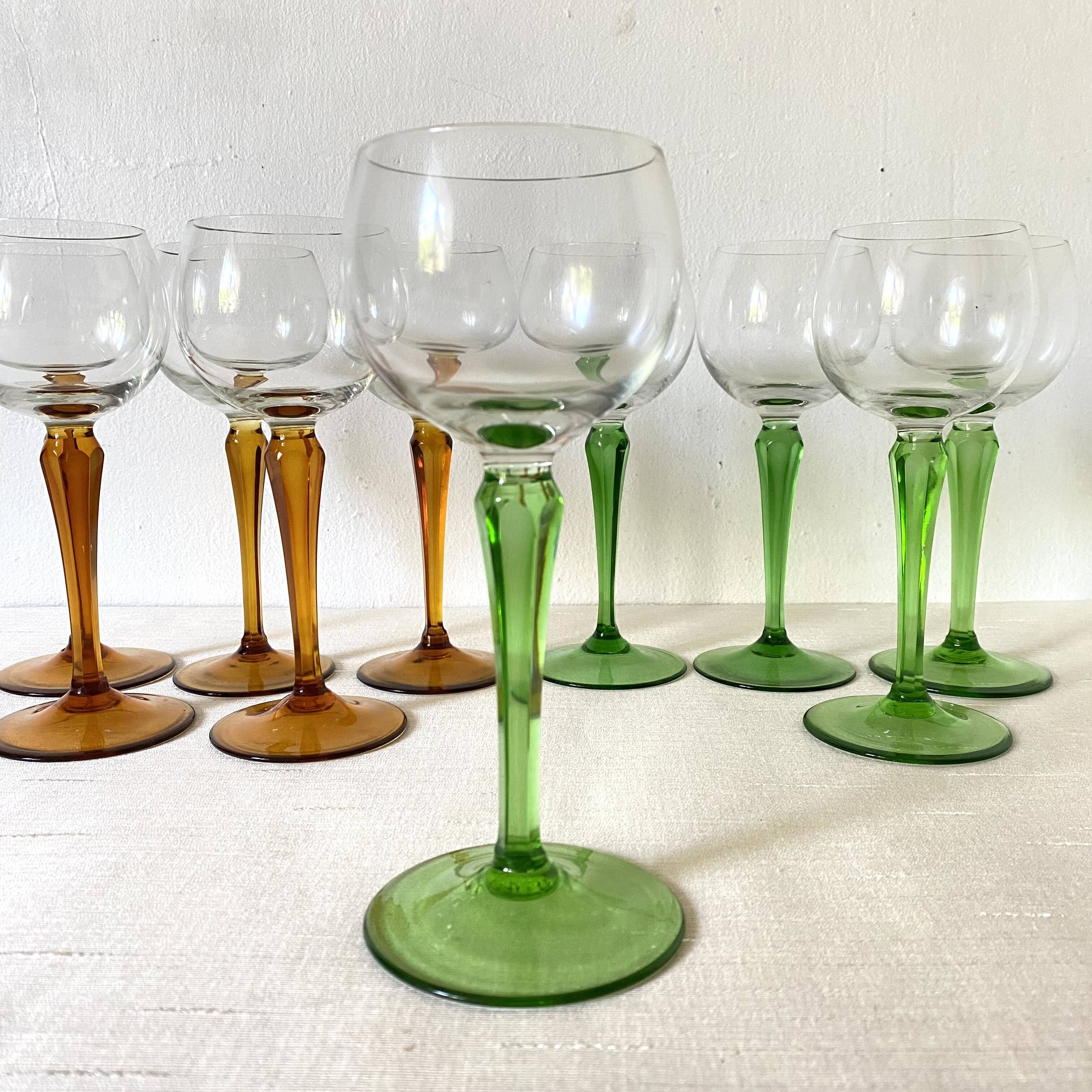 Vintage stemmed glasses, green or amber stem