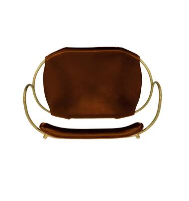 Contemporary sculptural bar stool with a metal back in aged brass and cognac leather.