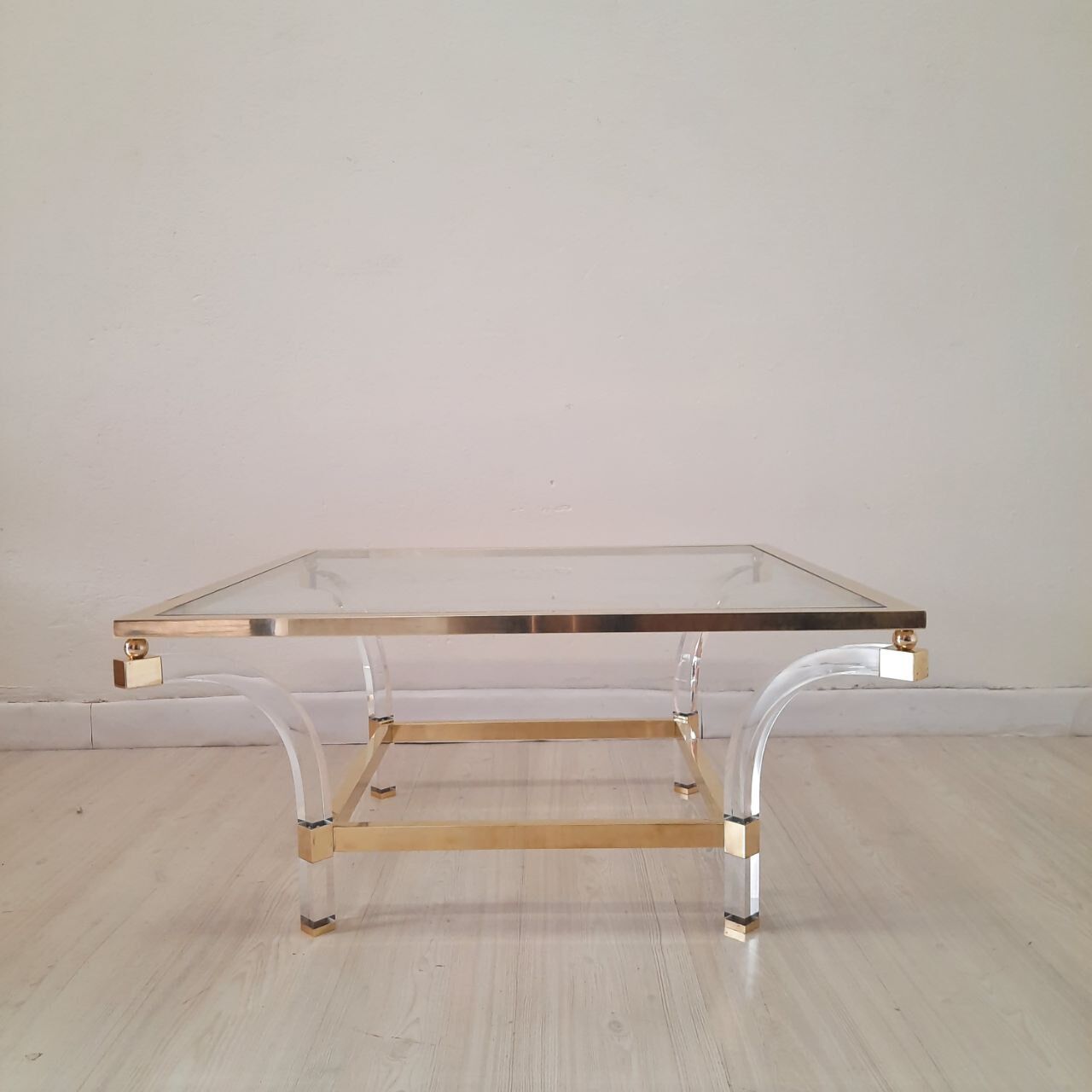 Square coffee table, lucite, brass and glass, Hollywood Regency