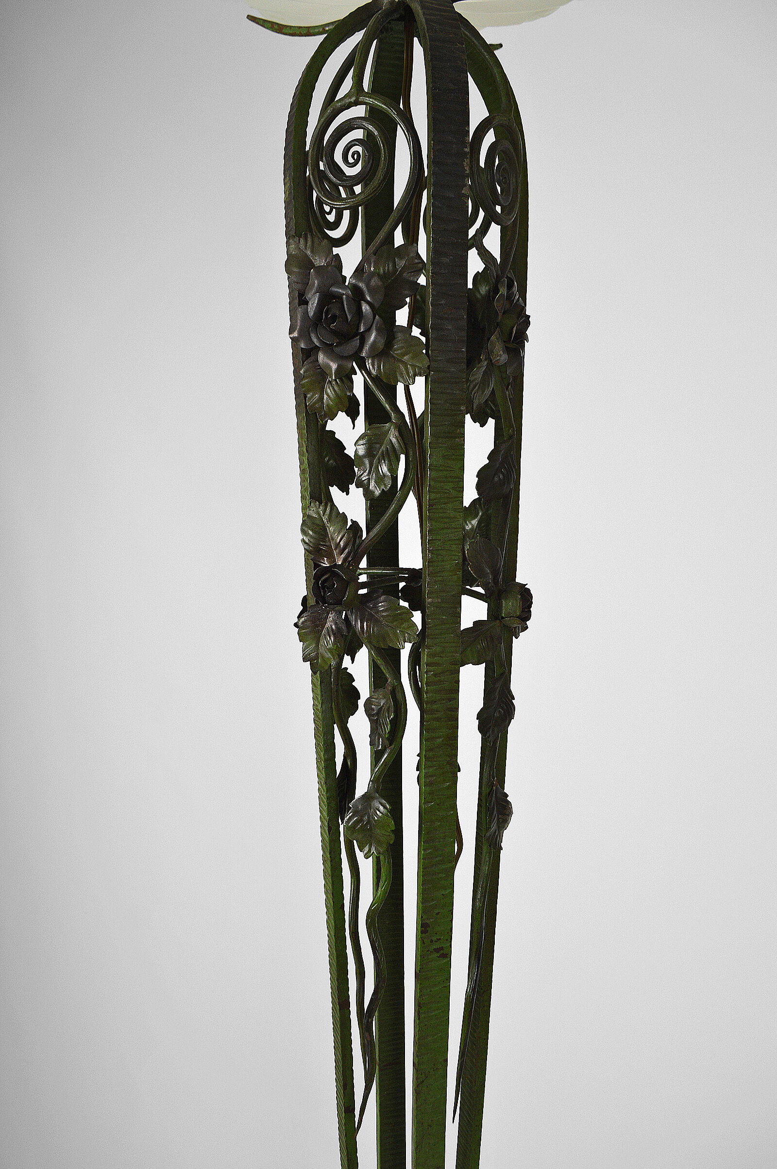 Art Deco floor lamp with wrought iron roses and green patina