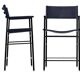Pair of bar stools with navy blue backrest and metal frame.