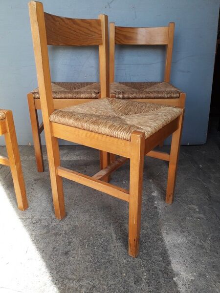 Set de 4 chaises estampillées design bois et paille epoque 1960/70