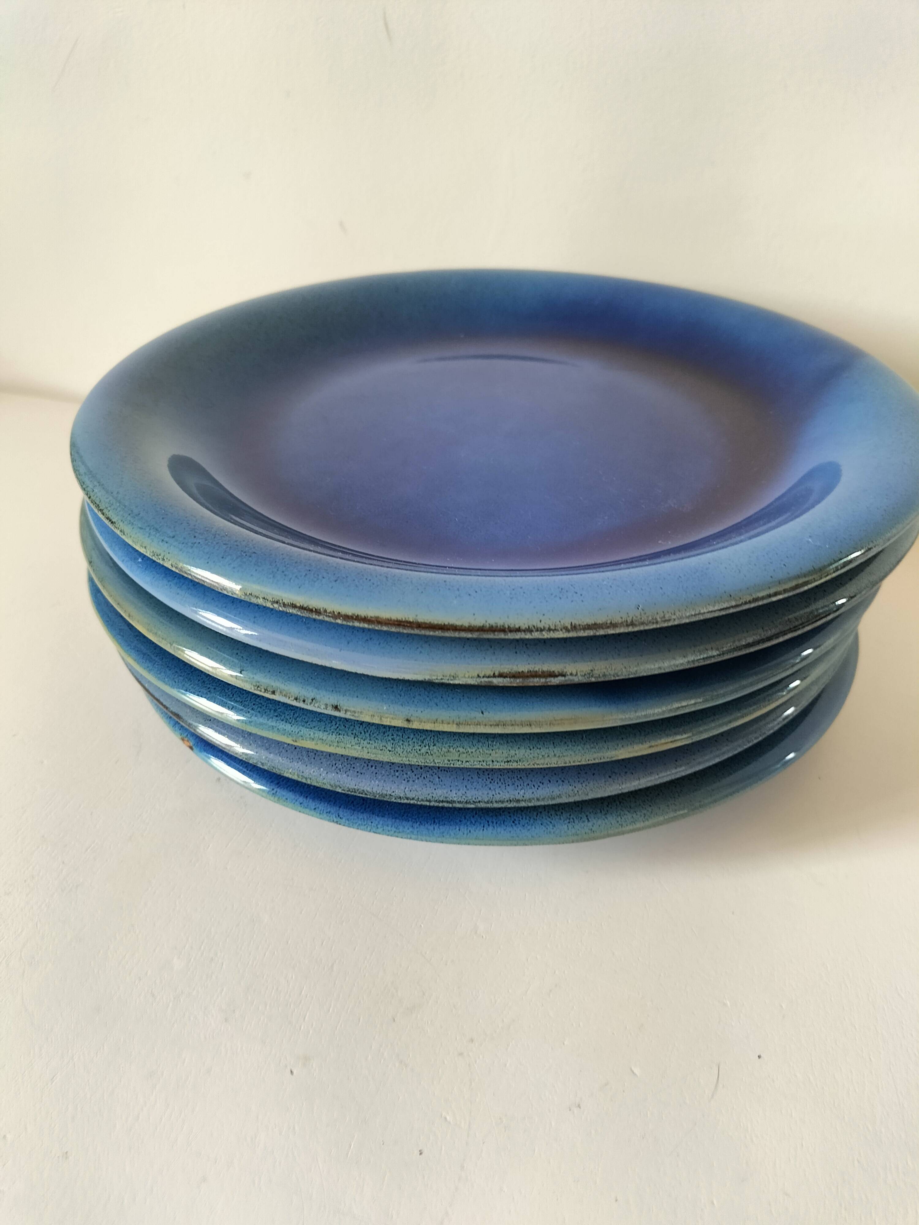 6 assiettes en grès émaillé – bleu cobalt & turquoise
