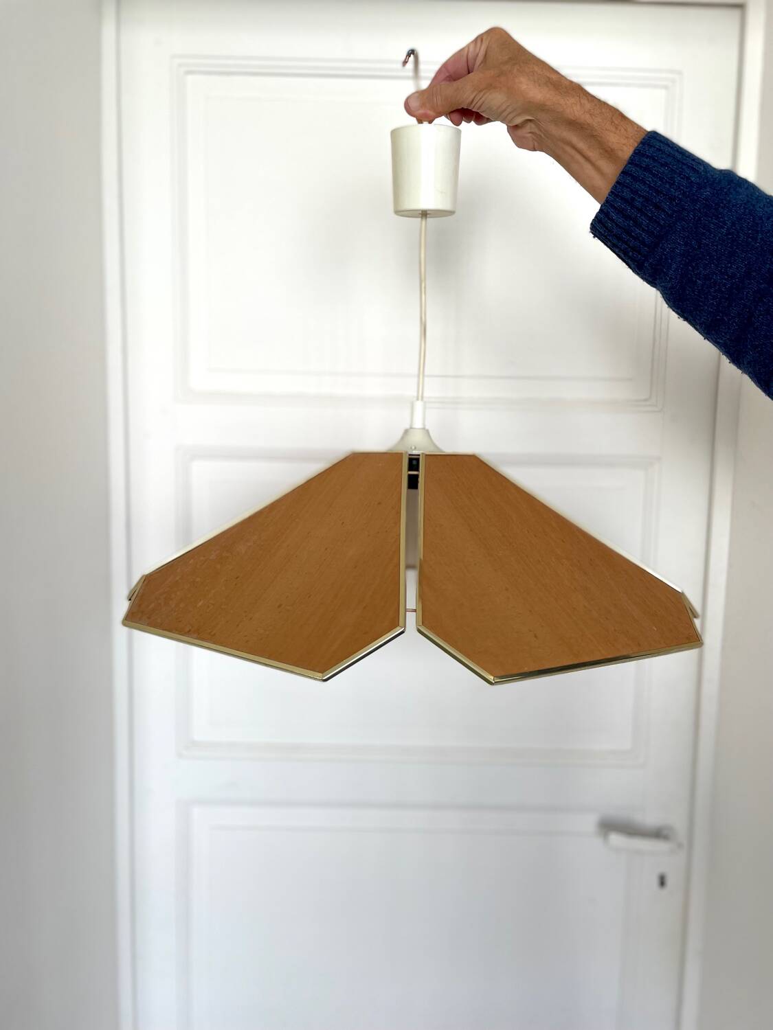 Vintage pendant light wood veneer geometric flower shape