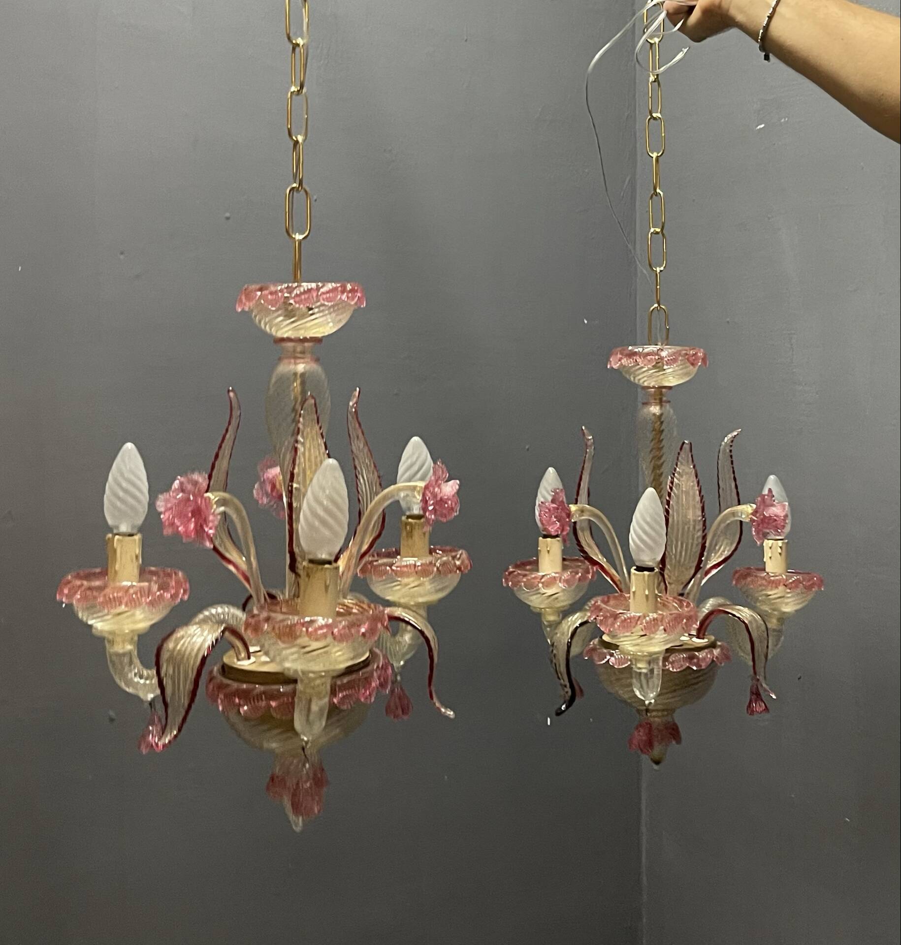 Venetian Pink Murano Glass Chandeliers Set of 2, 1960s