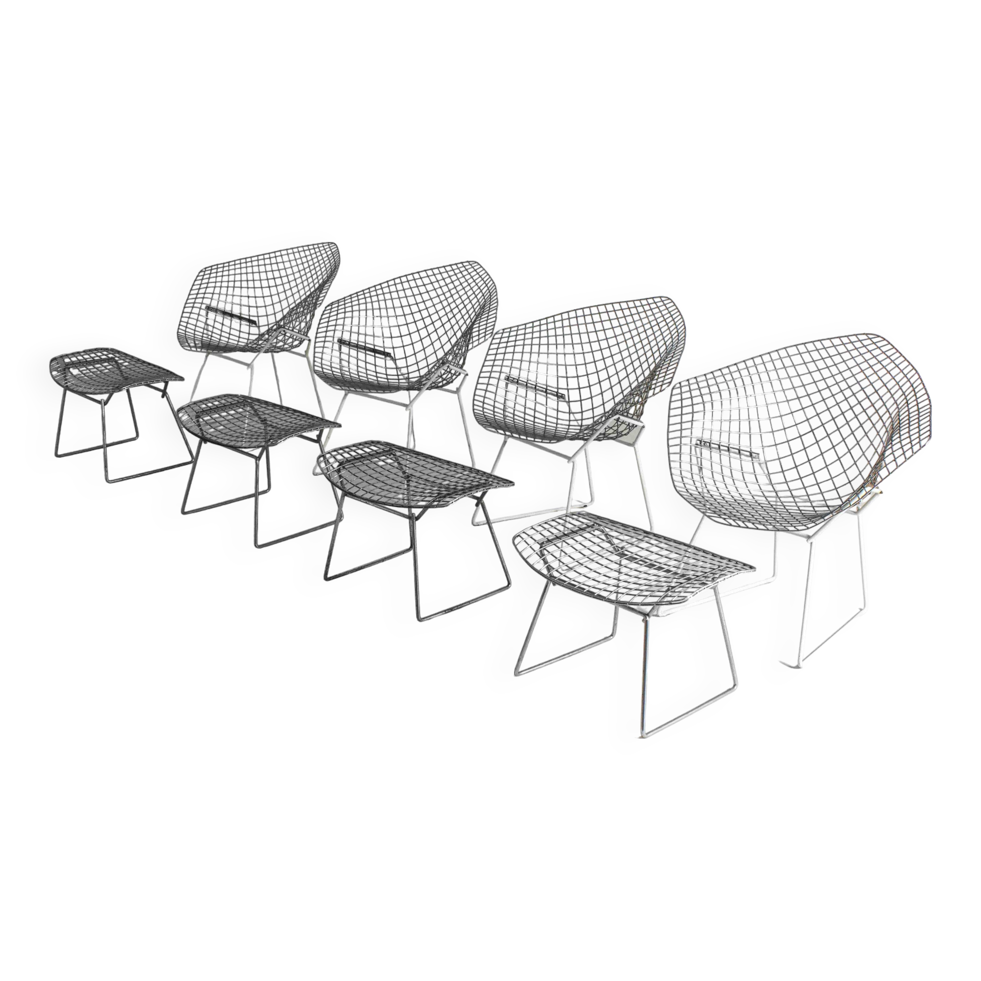Rare Bertoia diamond chairs with ottoman for Knoll International, 1970s