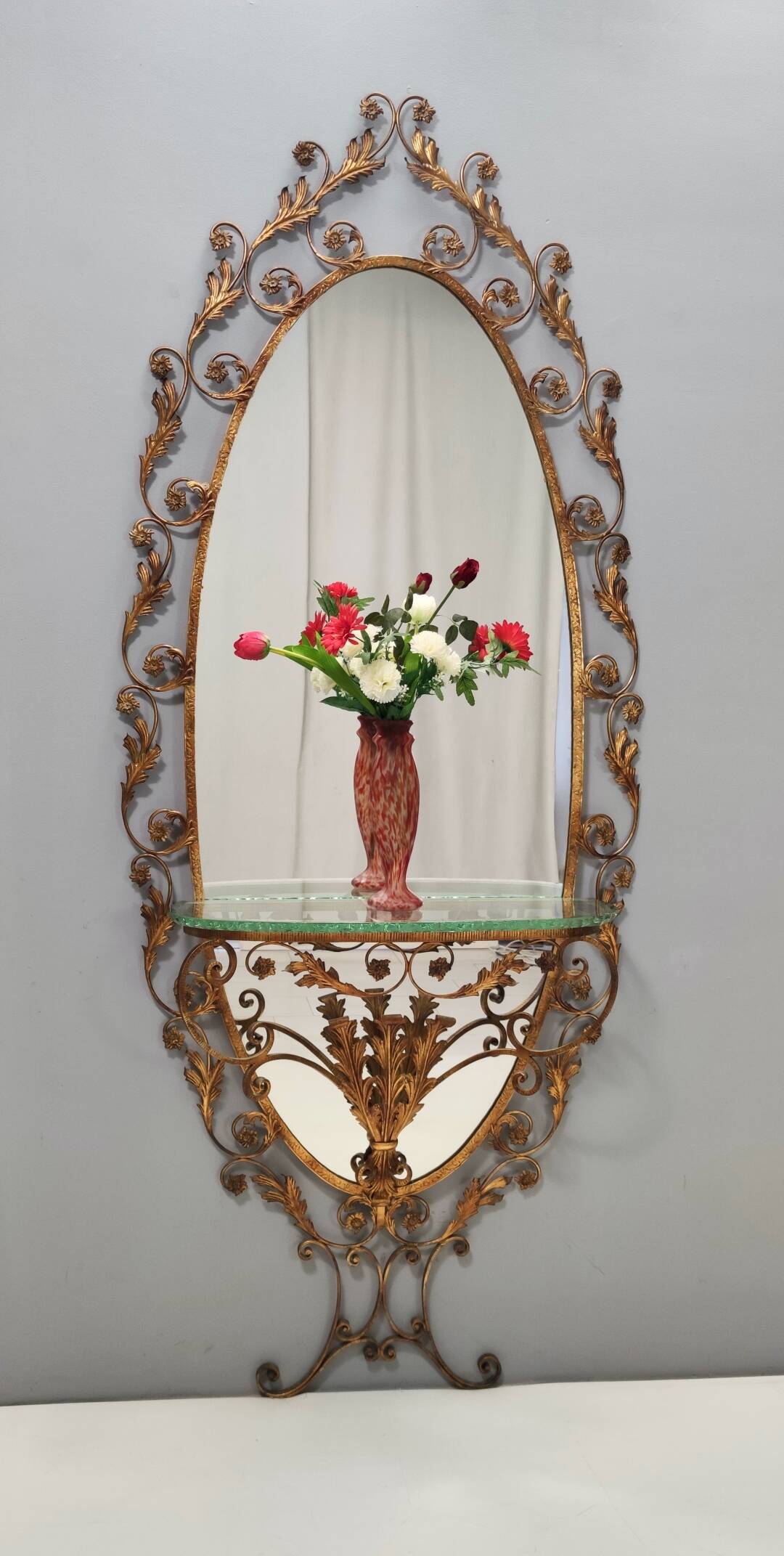 Entryway Mirror and Brass and Glass Console by Pierluigi Colli with Floral Frame