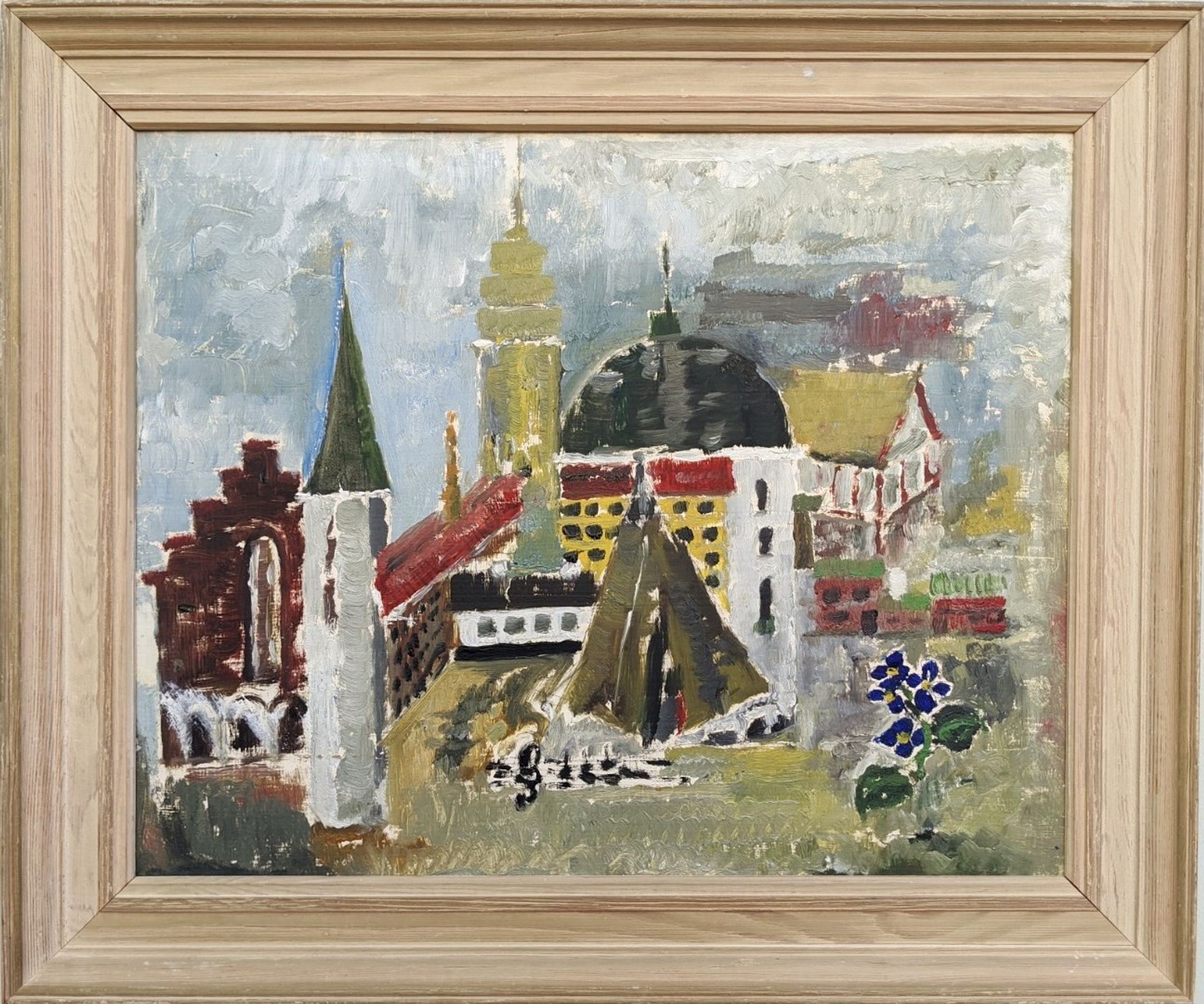 Mid-Century Modern Swedish Cityscape "City Views" Framed Oil Painting