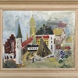 Mid-Century Modern Swedish Cityscape "City Views" Framed Oil Painting