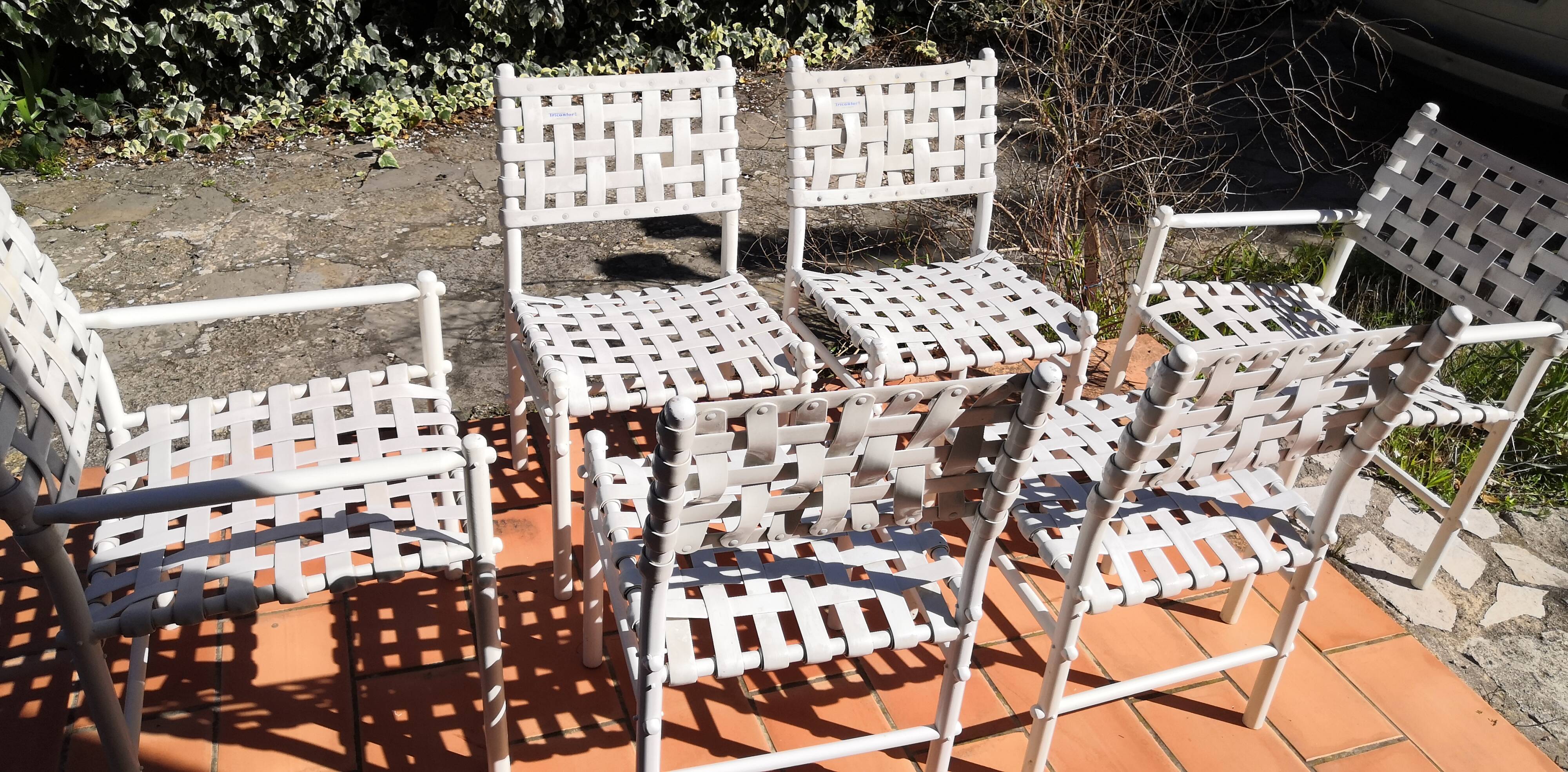 4 chairs & 2 vintage woven lounge armchairs triconfort, 1980 France