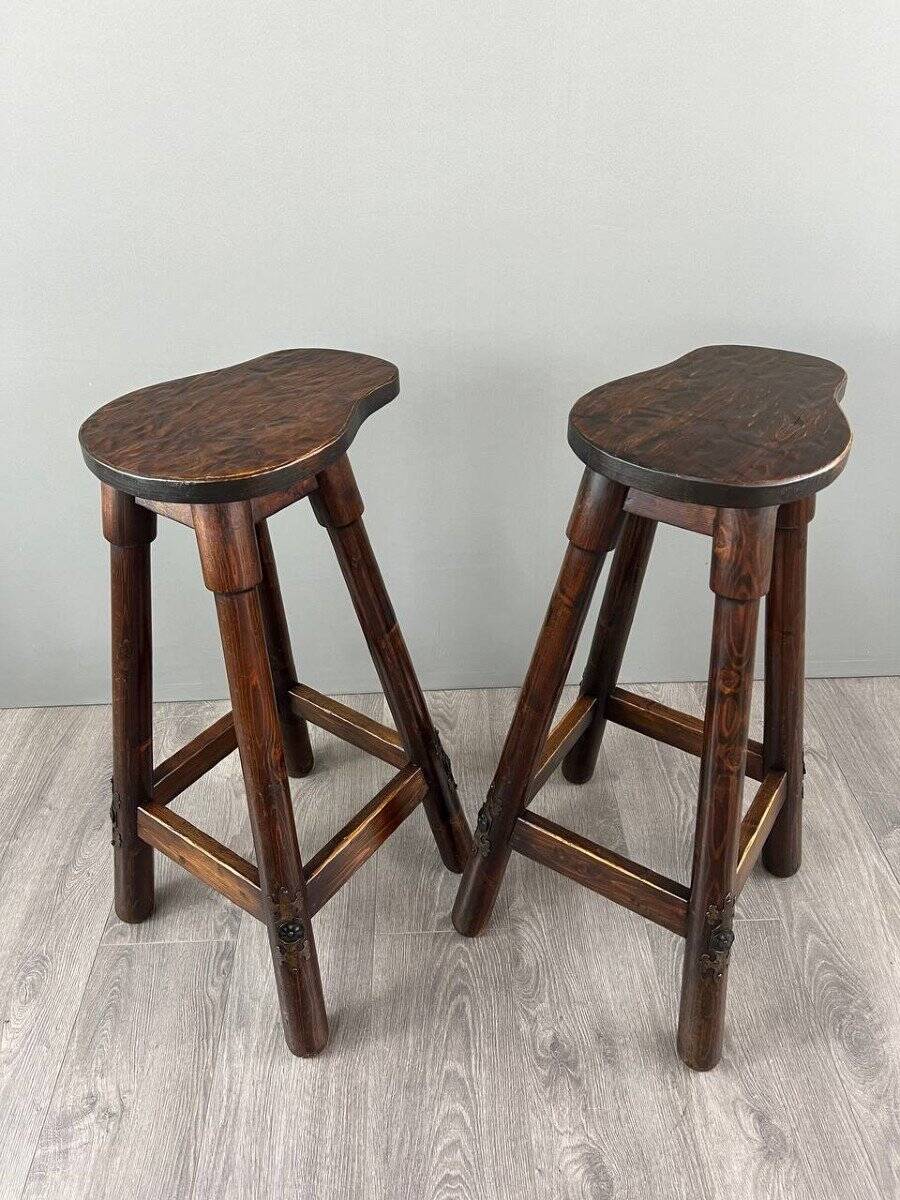 Rustic Carved Wooden Bar with Stools and Wine Chest, 20th Century