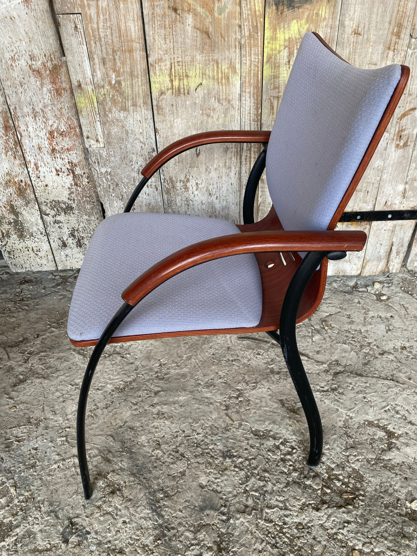Vintage Armchair RONÉO Black Metal Legs + Dark Wood Shell + Vintage Fabric