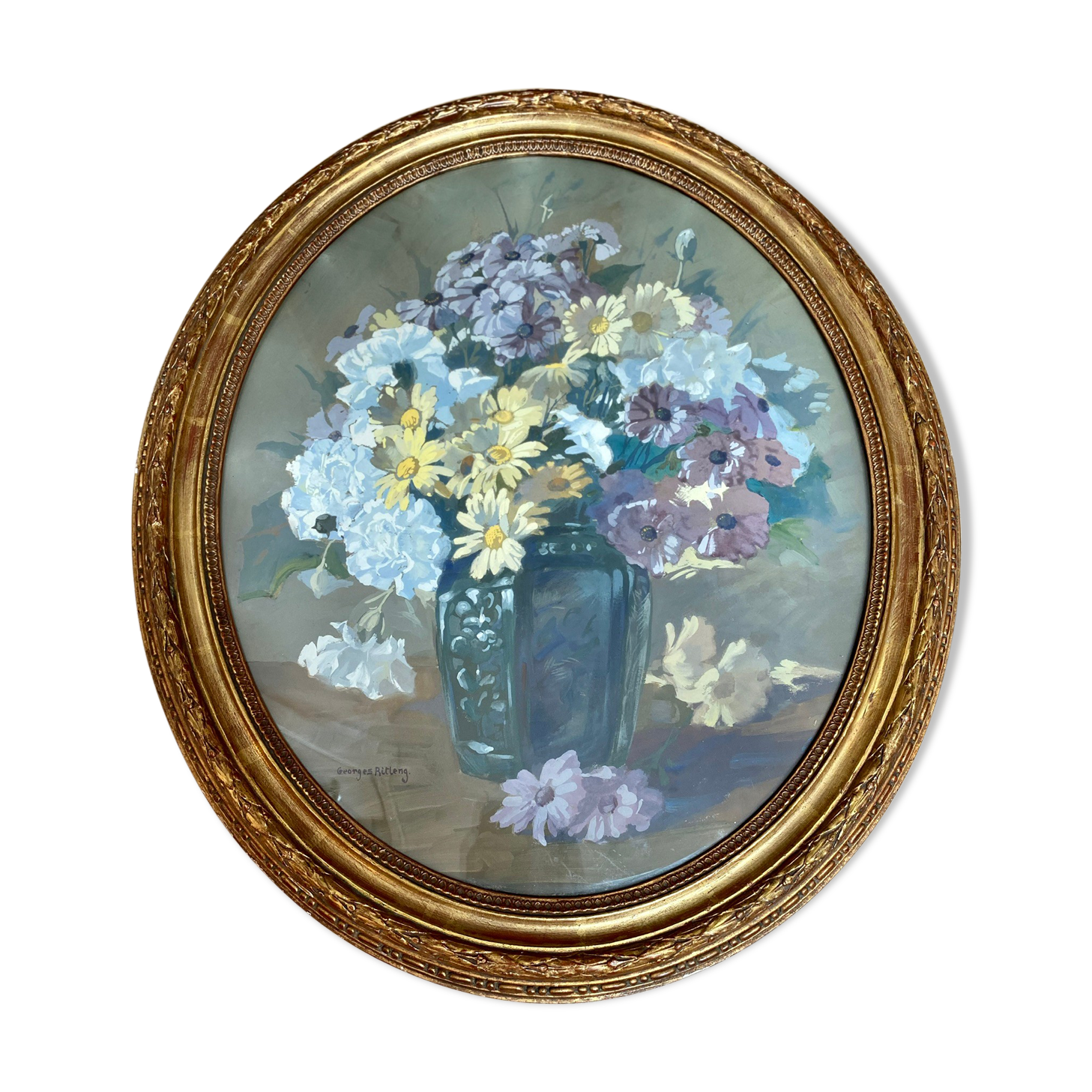 Ancient painting, still life with flowers, 20th century by Georges Ritleng (1875-1972)