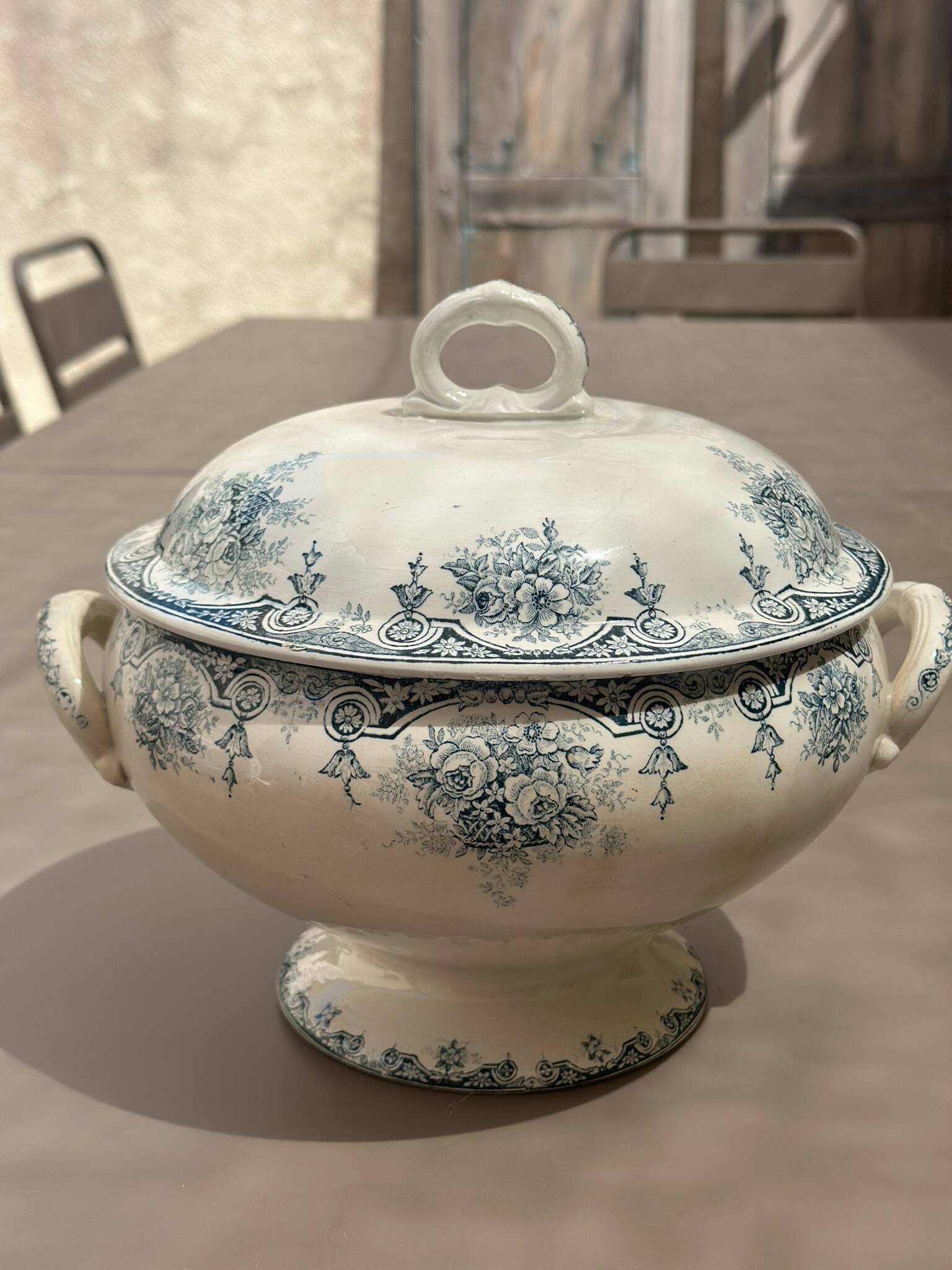 St Amandinoise Ironstone Soup Tureen, Pompadour Model, Blue Floral Decoration