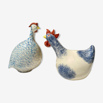 Signed ceramic hen and guinea fowl