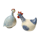 Signed ceramic hen and guinea fowl