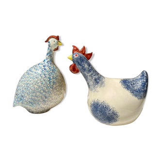 Signed ceramic hen and guinea fowl