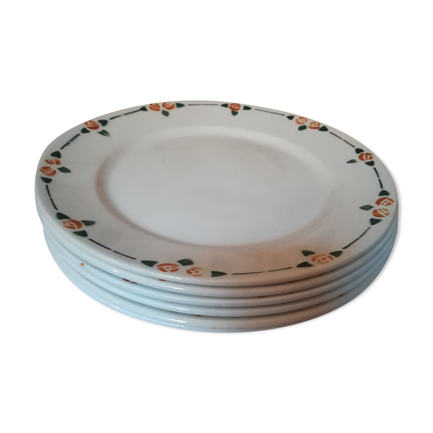 Six flat plates in faince Badonviller stylized flowers ochre and green