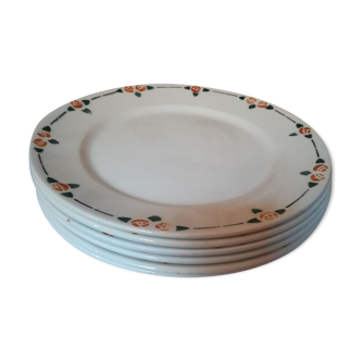 Six flat plates in faince Badonviller stylized flowers ochre and green