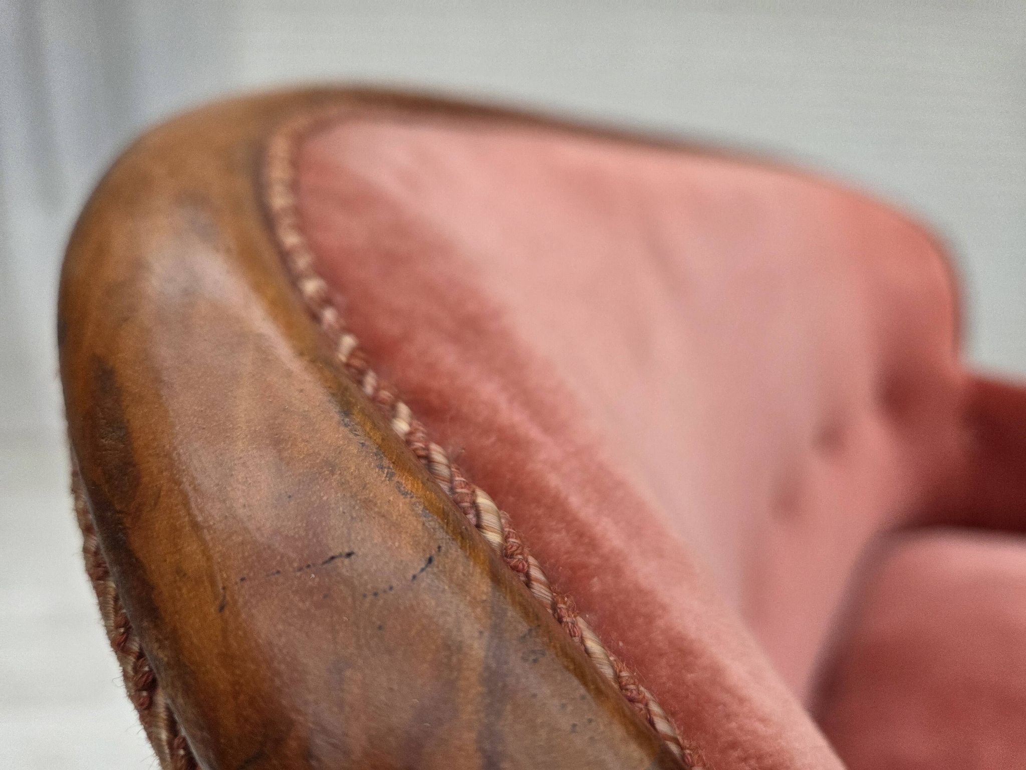 1930s, Danish 2-seater sofa, salmon pink furniture velour, ash wood.
