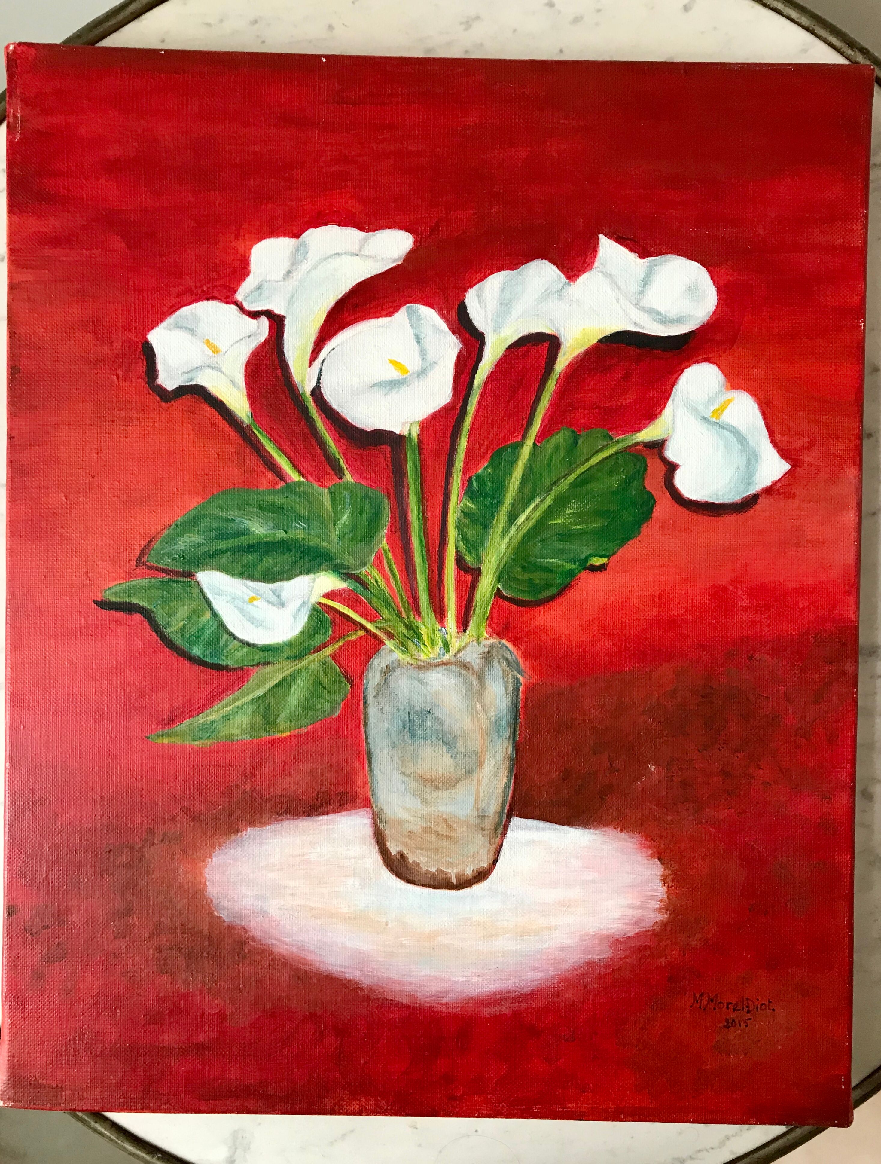 Oil on canvas bouquet of flowers on red background signed vintage