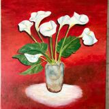 Oil on canvas bouquet of flowers on red background signed vintage