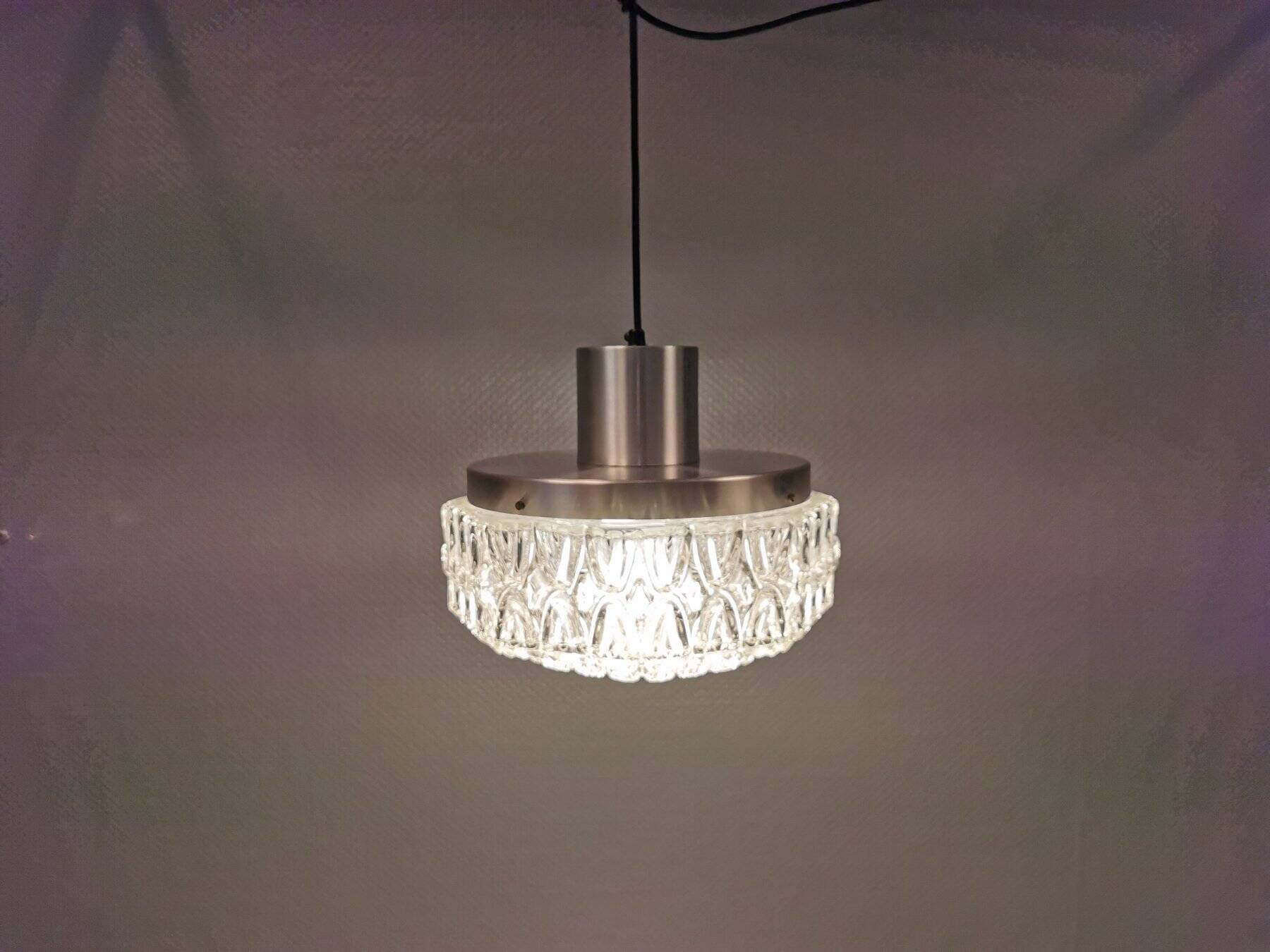 Beautiful hanging lamp in aluminium and hard-pressed crystal glass, probably Swedish