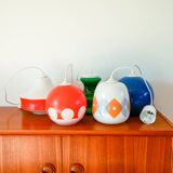 Suspension in white opaline with orange and blue geometric patterns Design 1970