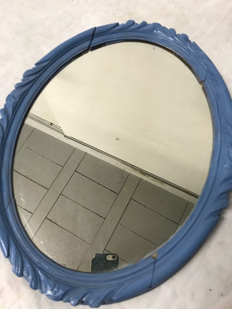 Blue wood oval mirror 30x45cm