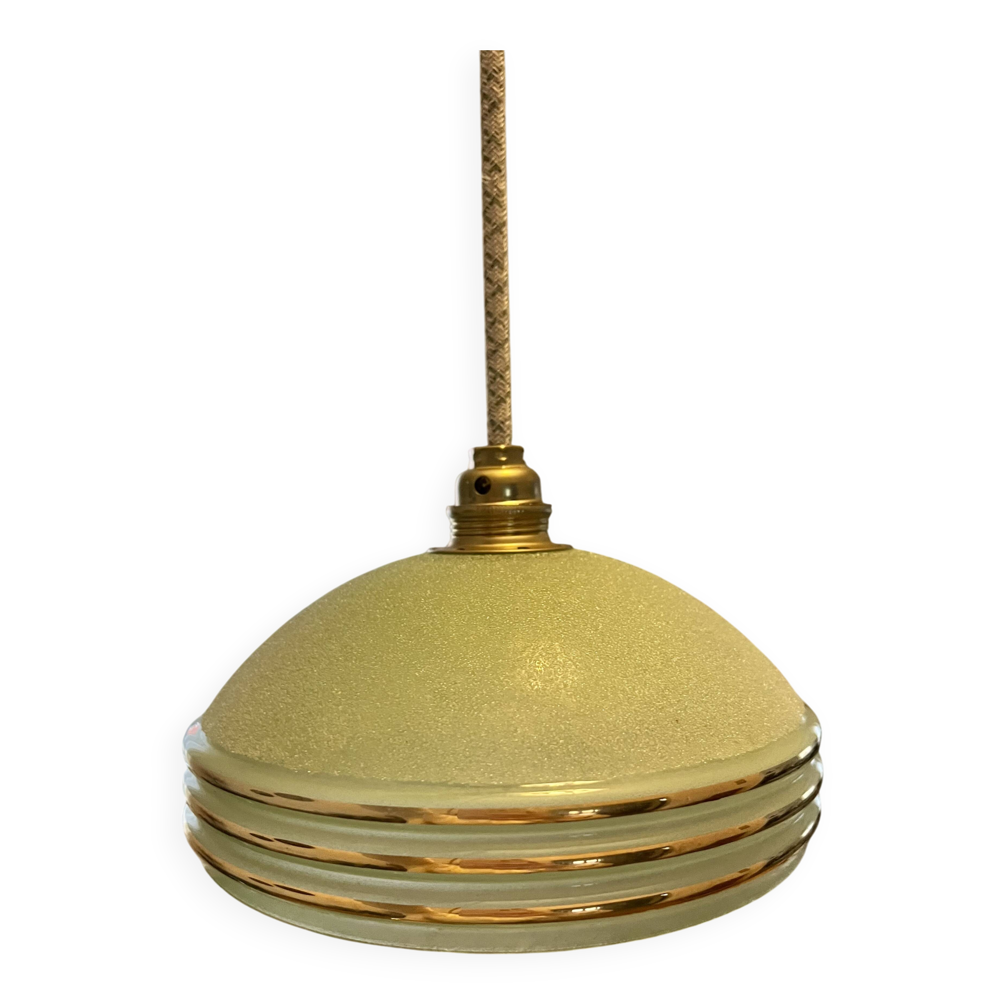 vintage Art Deco suspension in frosted almond green glass with golden trim