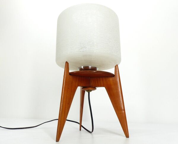 Lampe de table vintage tripode bois et verre 1950 France