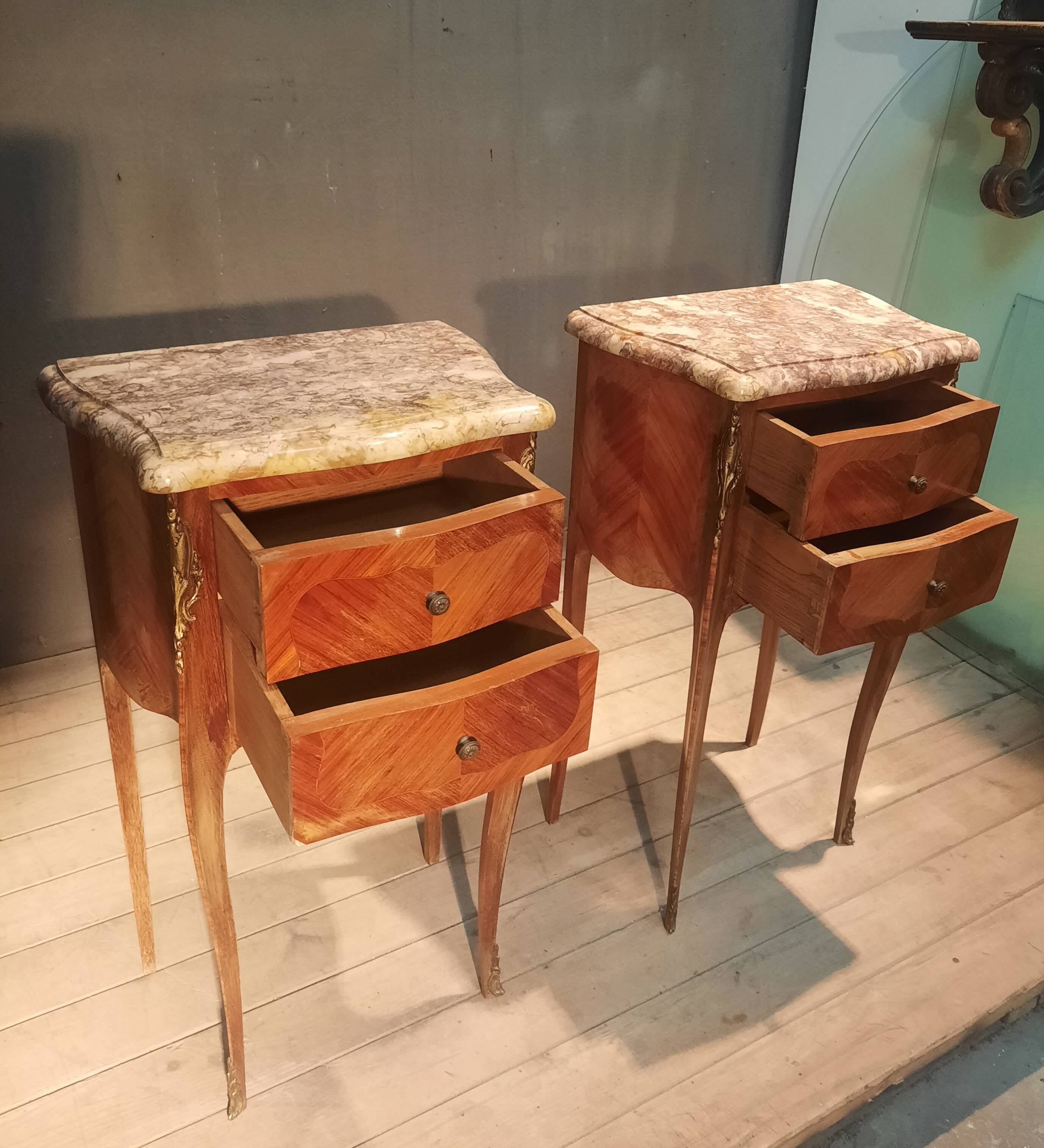 Pair of Louis XV style bedside tables in marquetry