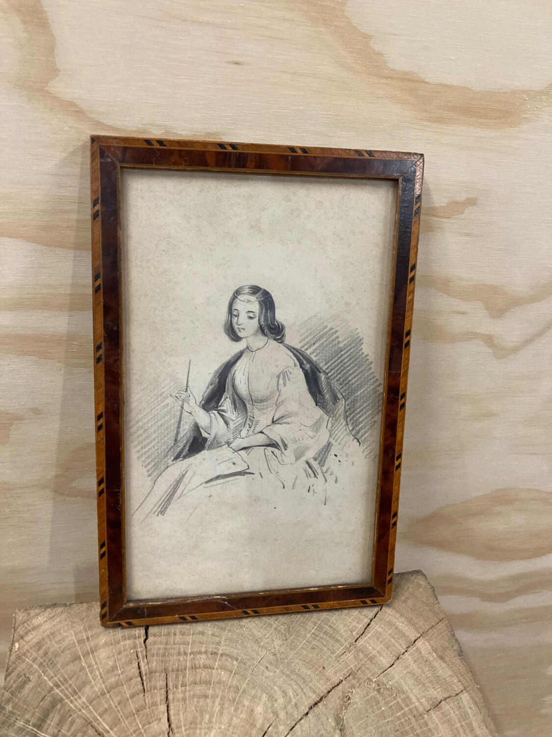 Portrait 19th young woman romantic marquetry frame