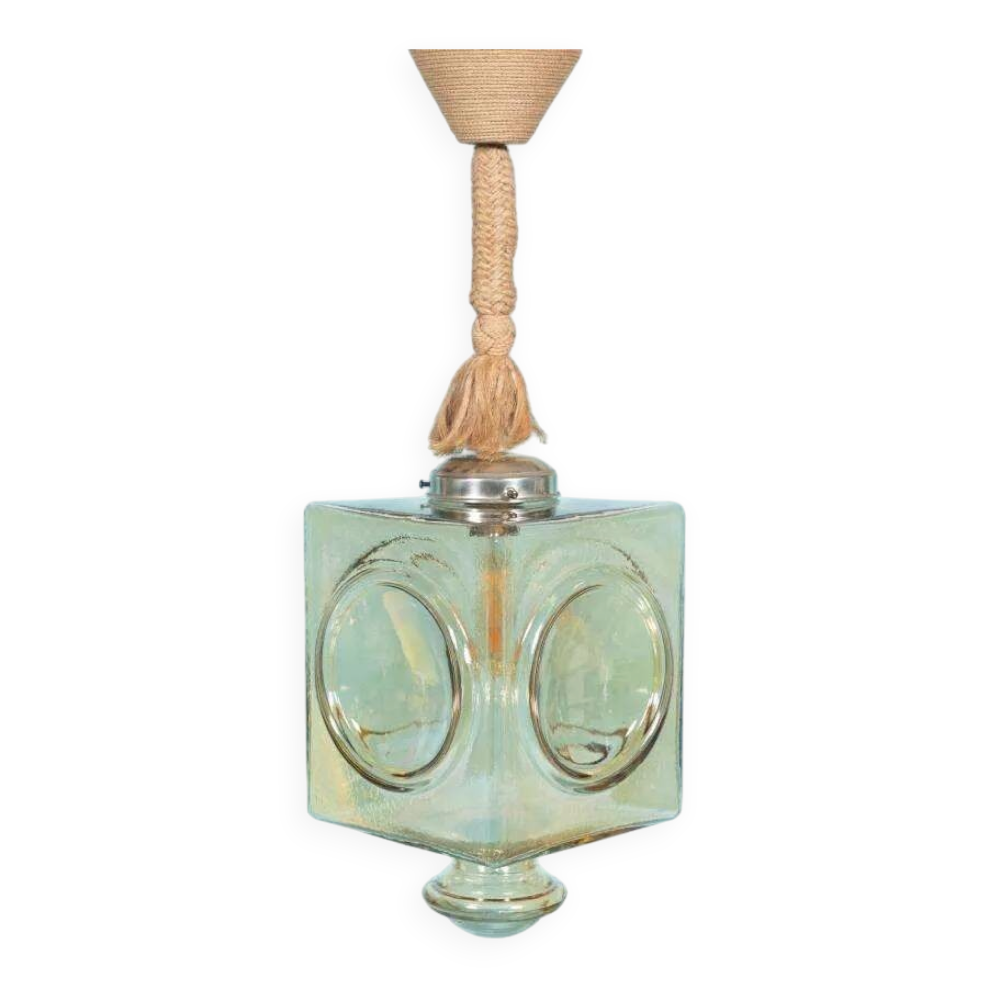 Japandi suspended glass lamp, vintage cubic bohemian glass lamp.