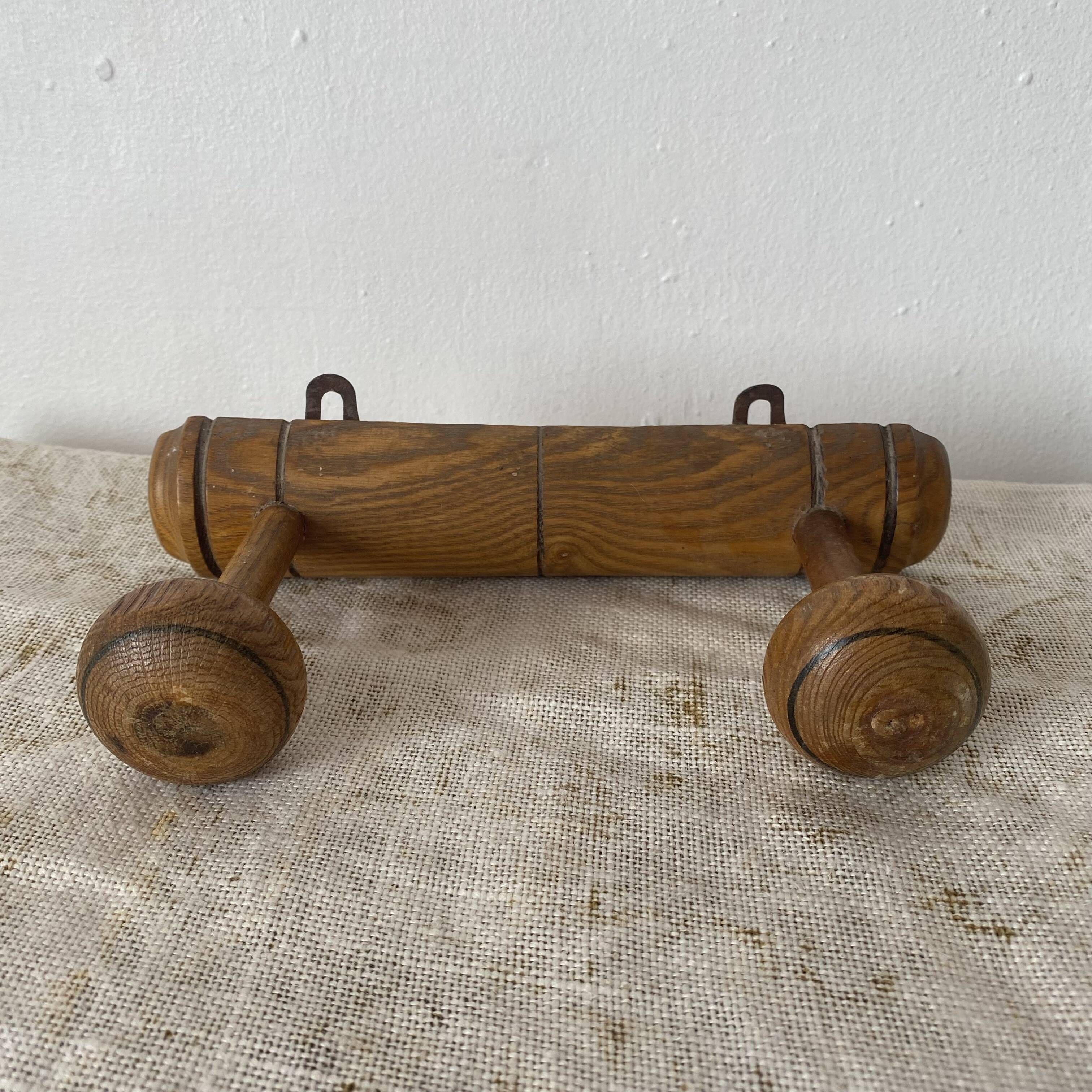 Antique turned wood wall coat rack with 2 hooks