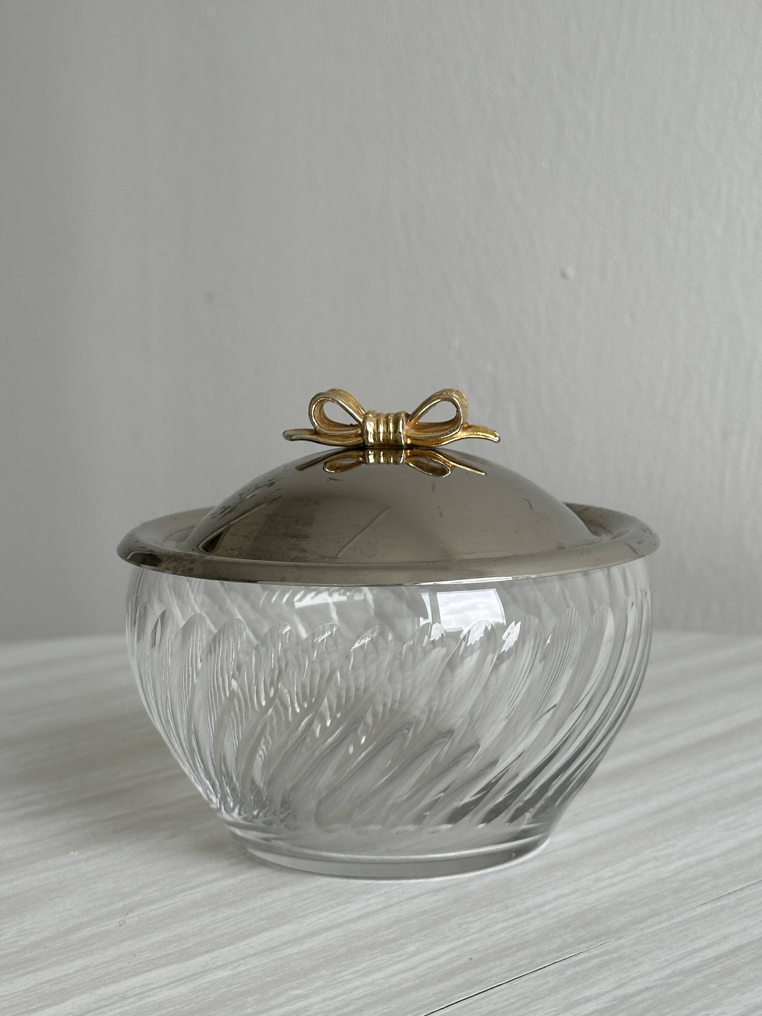 Small glass and metal sugar pot