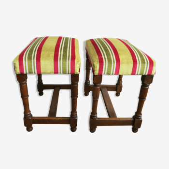 Duo of wooden and velvet footrests with stripes