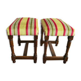 Duo of wooden and velvet footrests with stripes