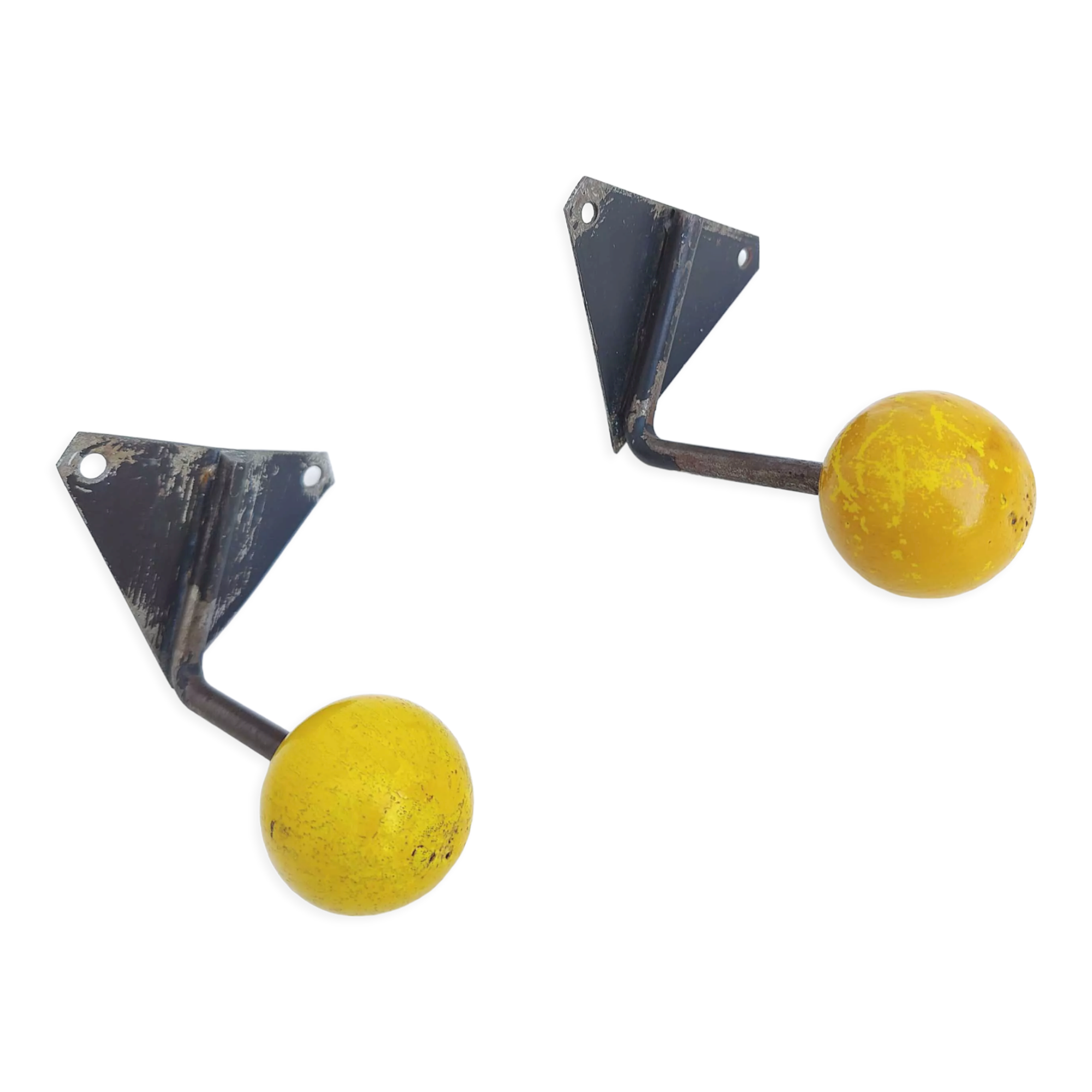 Two coat racks hooks balls yellow wood