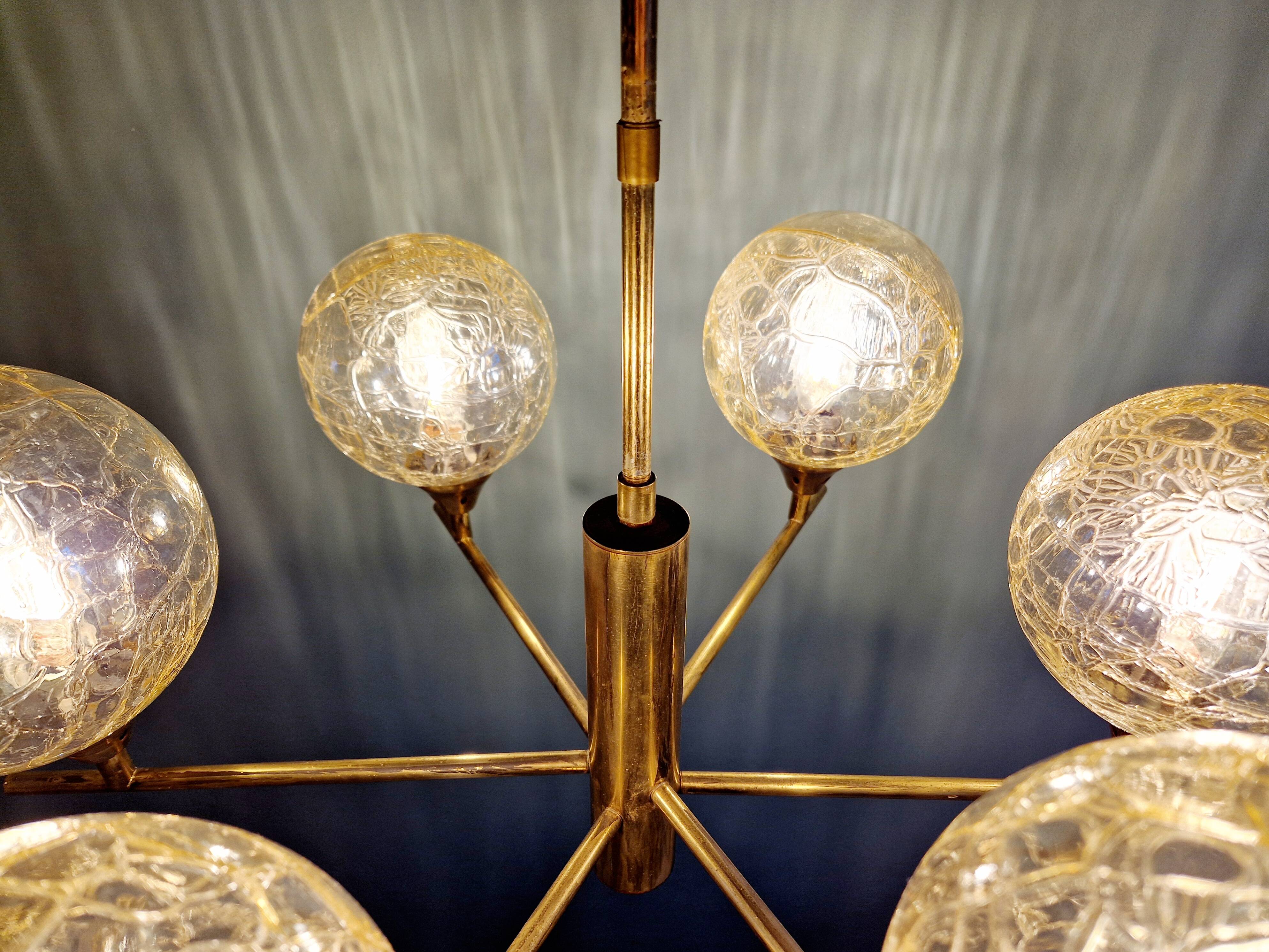 Brass chandelier with amber cracked glass globes, 1950s-60s