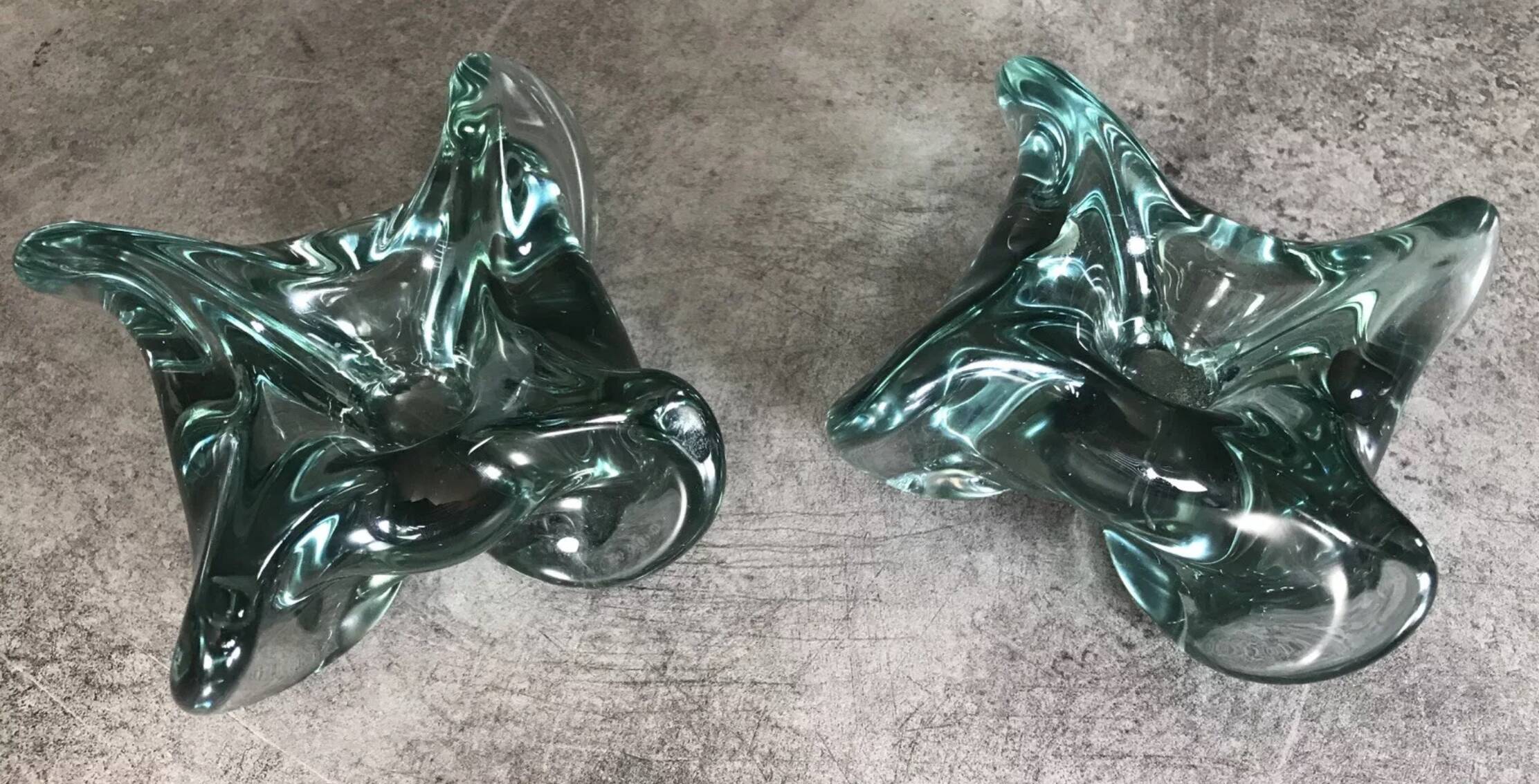 Pair of vintage blue/green tinted glass candlesticks from the 70s