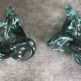 Pair of vintage blue/green tinted glass candlesticks from the 70s