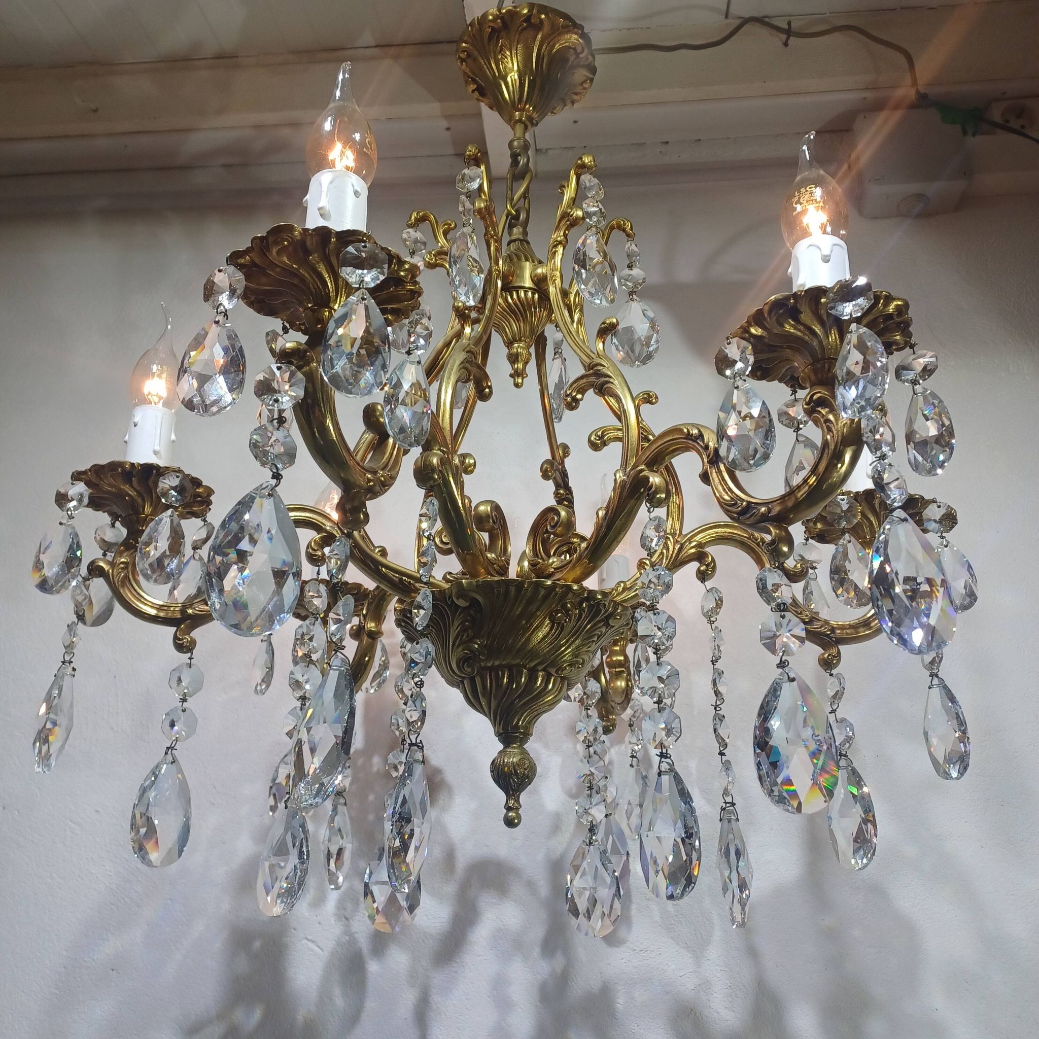 Lustre cage 6 lumières bronze et cristal