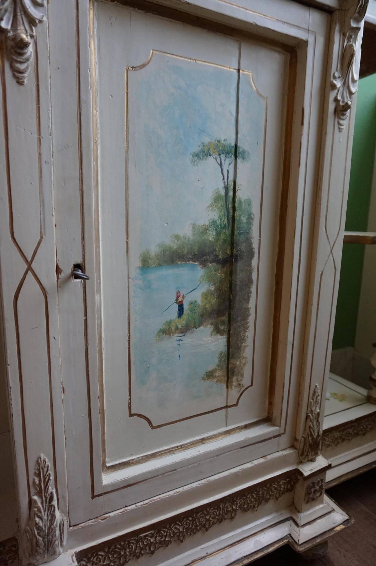 Italian hand-painted Console Table with Mirror and floral painting