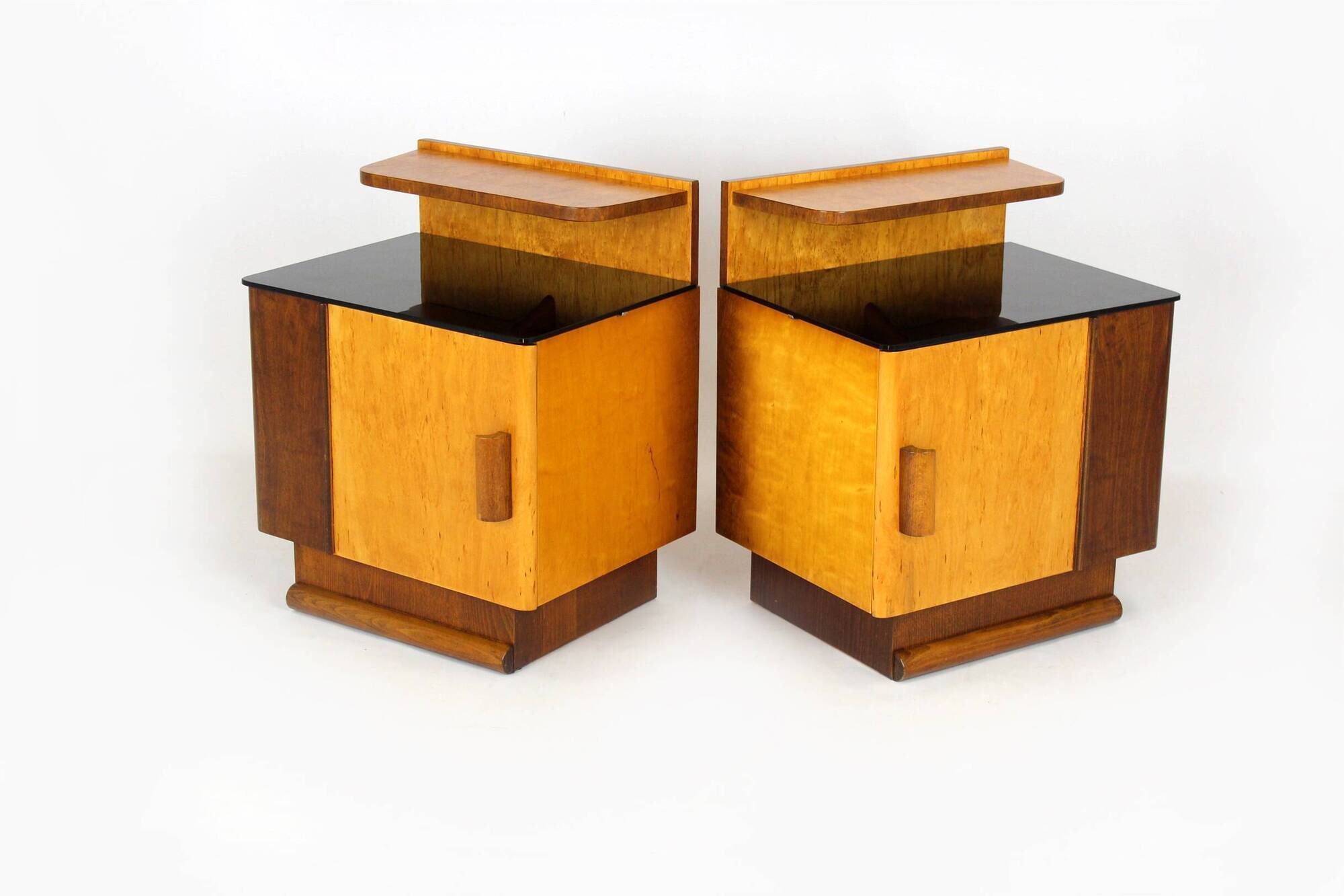 Restored Art Deco Nightstands with Black Glass Tops, 1950s, Set of 2