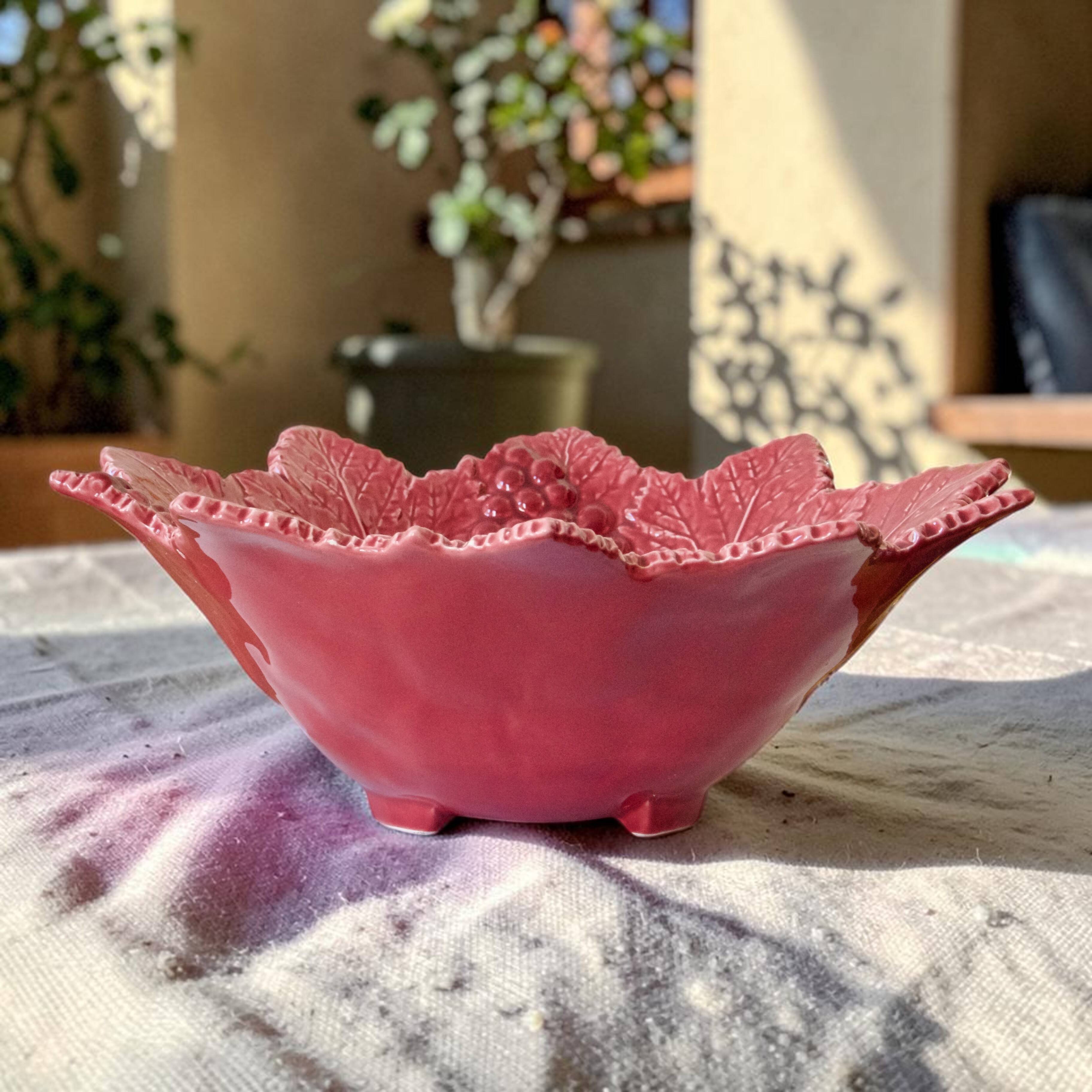 Vine leaf raspberry majolica centrepiece bowl
