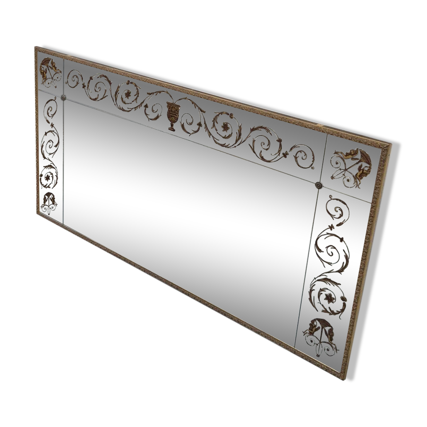 Antique gilded Venetian brasserie mirror in eglomised glass