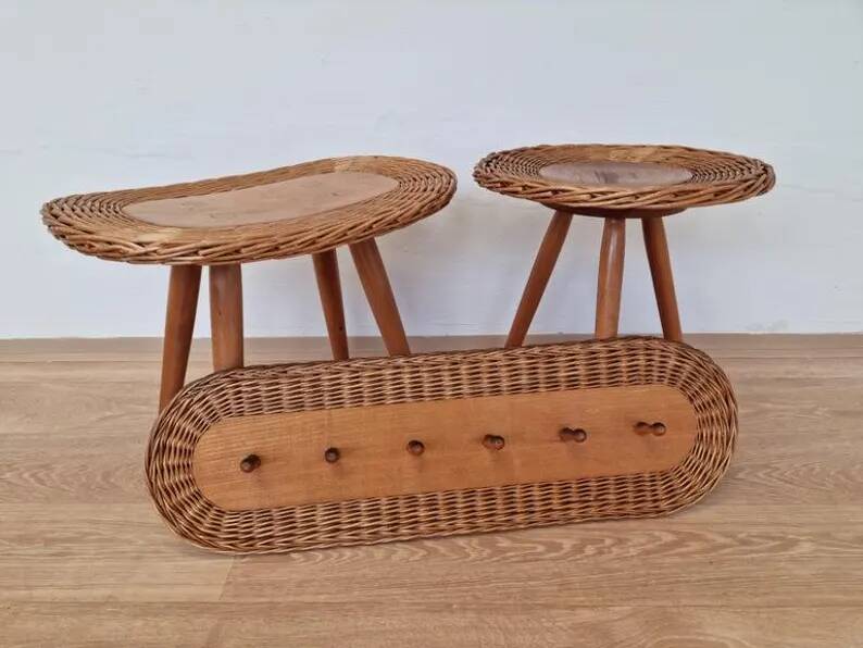 Set of Rattan and Wood Stools with Wall Coat Rack ULUV, Jan Kalous, 1960s